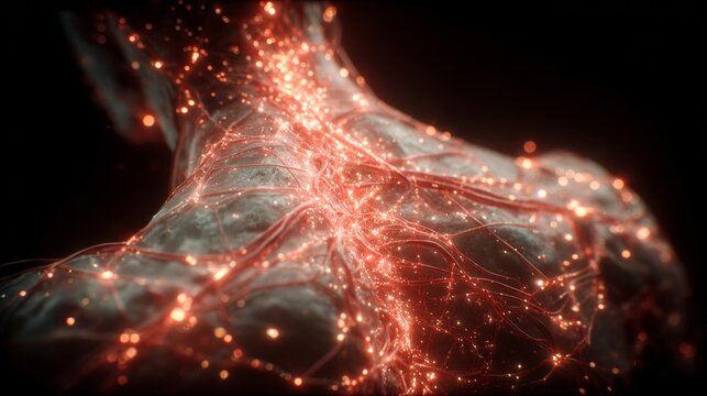 Red neuronal digital, cuerpo humano, sistema nervioso, conexiones brillantes