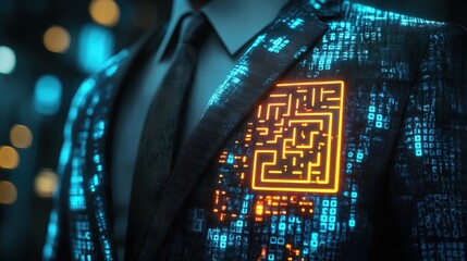 Futuristic Businessman Digital Circuit Suit Displaying High Tech Innovation