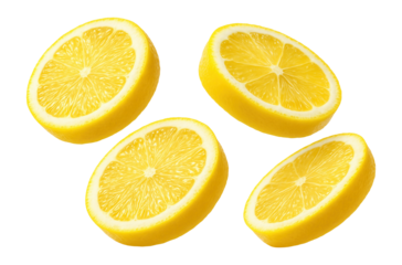 Four slices of fresh lemon with visible juicy pulp and vibrant yellow rind on transparent background.