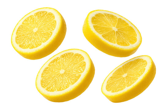 Four slices of fresh lemon with visible juicy pulp and vibrant yellow rind on transparent background.