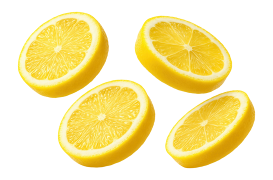 Four slices of fresh lemon with visible juicy pulp and vibrant yellow rind on transparent background.
