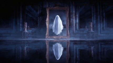 Ethereal ghost figure reflected in a dark mysterious hall