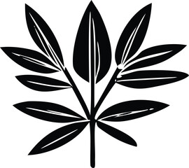 A striking black and white linocut illustration of a stylized plant with multiple pointed leaves radiating from a central stem