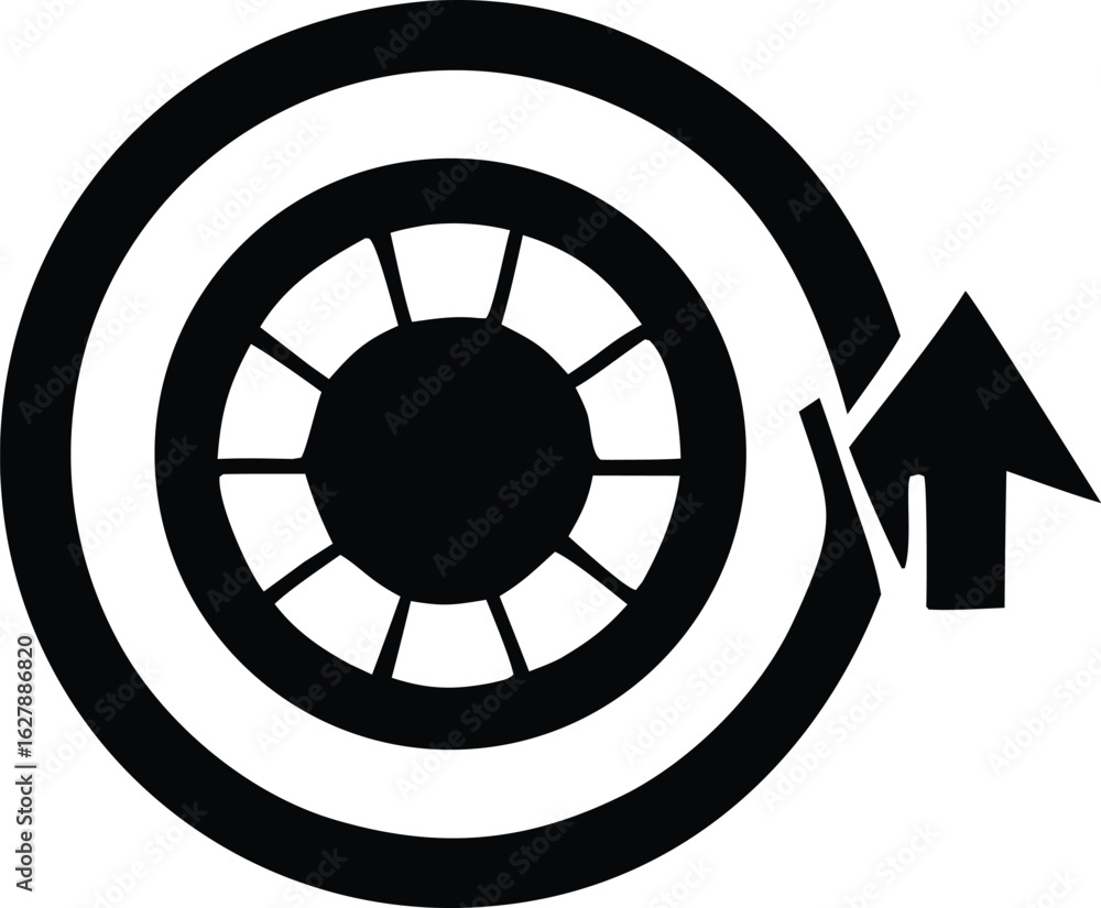Poster abstract black and white graphic symbol featuring concentric circles and an upward pointing arrow in