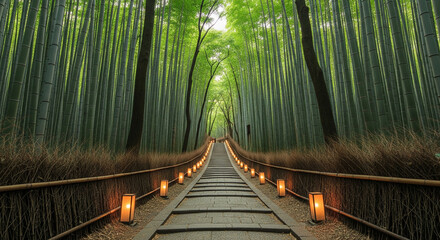 Bamboo Forest Path with Lanterns – Serene Japanese Nature Trail in Kyoto