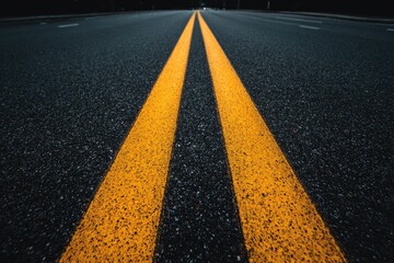 Two bright yellow lines on a dark asphalt road
