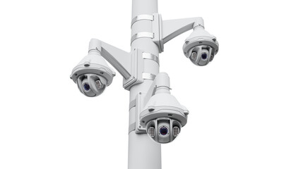 Three CCTV cameras are mounted on a concrete pole, isolated on transparent background. Concept for monitoring large areas, and ensuring safety in public spaces. 3D illustration
