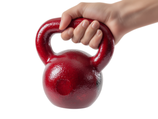 A hand firmly grips a vibrant red kettlebell, emphasizing strength, fitness, and the dedication to achieving personal wellness goals. 