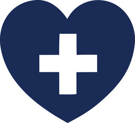 A deep blue heart shape with a prominent white plus sign in the center symbolizing health and care