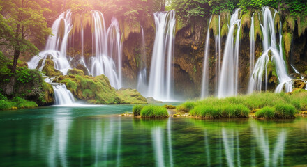 Tropical Waterfalls in Lush Green Forest – Serene Nature Landscape with Crystal Clear Pool