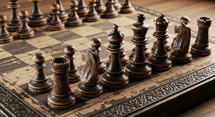 Dramatic Chess Game with old chess pieces