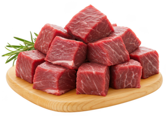 Raw beef cubes stacked on a wooden board with rosemary, isolated on transparent background
