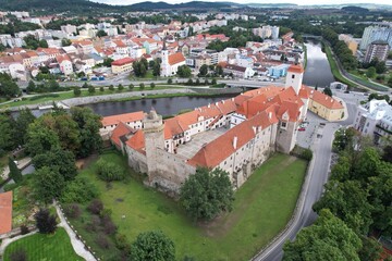 Strakonice castle and surrounding town in Bohemia captured from aerial panorama Czech republic