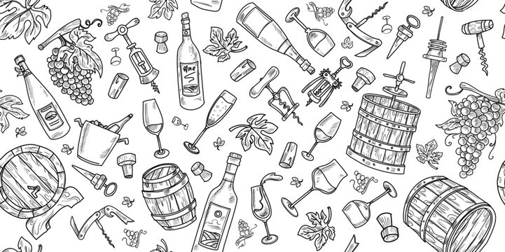 Background banner with set of wine themed vector icons with hand drawn doodle illustrations.