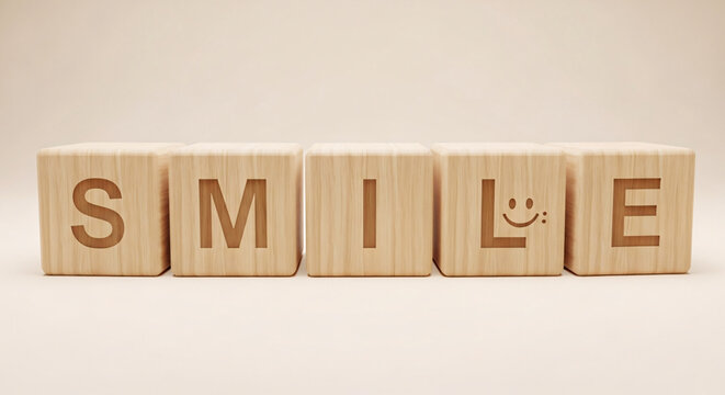 Wooden Blocks Spelling "SMILE" on a Neutral Background