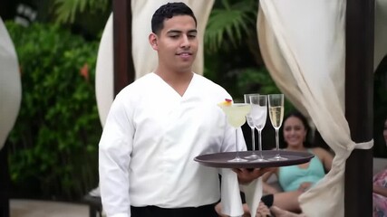 smiling hispanic waiter in white uniform holds tray with cocktail glasses, garnished with fruits, against lush tropical backdrop. hospitality, outdoor dining, restaurant. summer vacation and travel