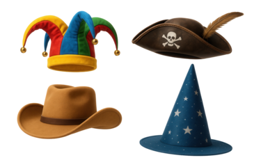 A collection of four hats including a jester hat, pirate hat, cowboy hat, and wizard hat on transparent background.