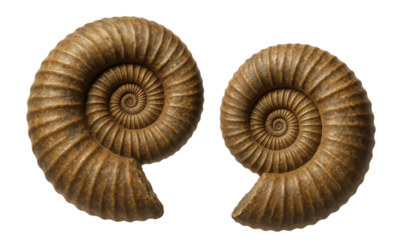 Two detailed fossilized ammonite shells showcasing spiraled patterns on transparent background. - Powered by Adobe