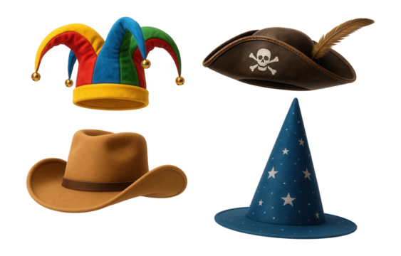 A collection of four hats including a jester hat, pirate hat, cowboy hat, and wizard hat on transparent background.