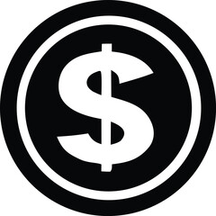 A stark black and white graphic of a large white dollar sign centered within a thick circular border representing a coin