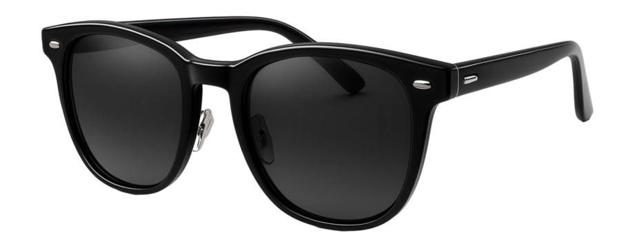 Stylish black sunglasses with dark lenses and a classic design on transparent background.