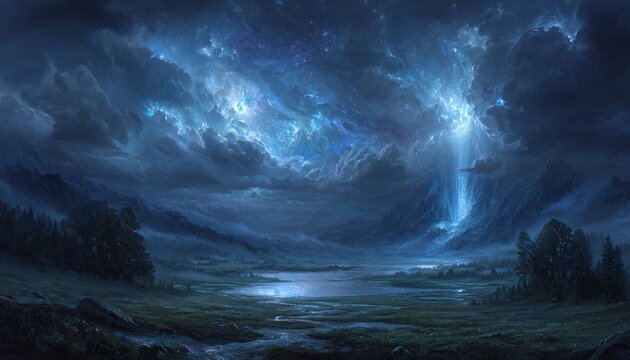 Cascada iluminada por nebulosa en un entorno nocturno sereno