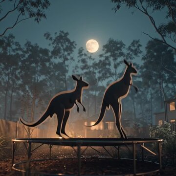 A realistic night scene with two kangaroos jumping on an aboveground trampoline in an Australian suburban backyard with gumtrees. The scene is captured by a doorcam. Video.

