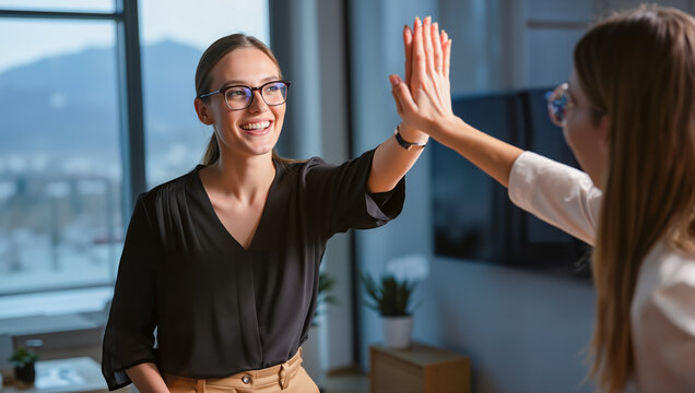 Two Cheerful Businesswomen Giving a High-Five in a Modern Office, Celebrating Successful Collaboration, Teamwork, and Professional Achievement