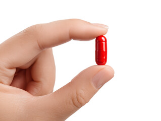 A close-up image of a hand delicately holding a single, vibrant red pill between thumb and index finger, offering a glimpse into the world of medicine, health.
