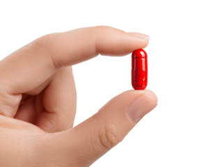 A close-up image of a hand delicately holding a single, vibrant red pill between thumb and index finger, offering a glimpse into the world of medicine, health.
