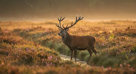 Majestic stag in misty sunrise meadow