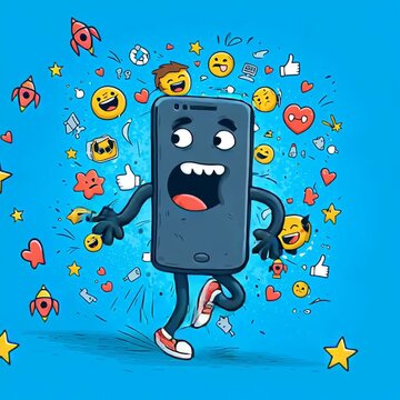 Cartoon-style vector illustration of a cheerful smartphone character walking happily and whistling. The phone has a cute face on its screen and is surrounded by emojis. Video. 