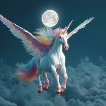 A majestic rainbow unicorn with shimmering, iridescent wings soars gracefully through a moonlit night sky. Video.