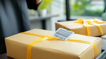 Parcel worker preparing packages for delivery at local hub