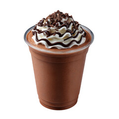 Delicious chocolate frappe topped with whipped cream chocolate syrup and shavings isolated on transparent background
