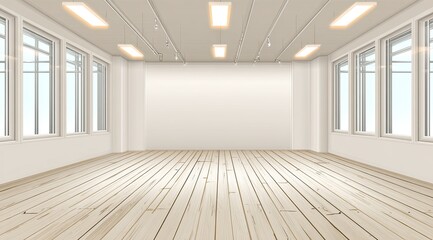Empty, bright, modern room with large windows and pale wood floors