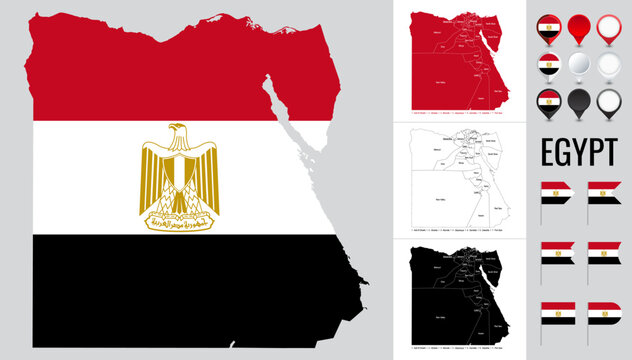 Vector map of Egypt with flag, globe and icons on white background