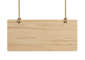 Empty wooden sign hanging by rope, isolated on transparent background with copy space for text