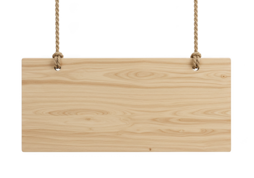 Empty wooden sign hanging by rope, isolated on transparent background with copy space for text