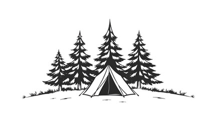 Obraz premium Camping Tent and Pine Trees: A classic camping scene is depicted in a monochromatic illustration featuring a tent nestled between two stately pine trees.
