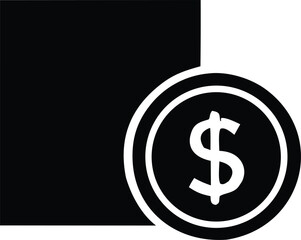 A simple black and white graphic illustration of a coin with a dollar sign on it next to a solid black rectangle