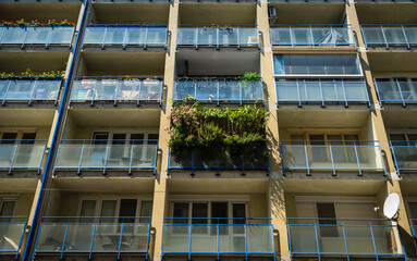 Mit Blumen und Pflanzen vollgestellter Balkon an einem Mehrfamilienhaus in der Innenstadt von...