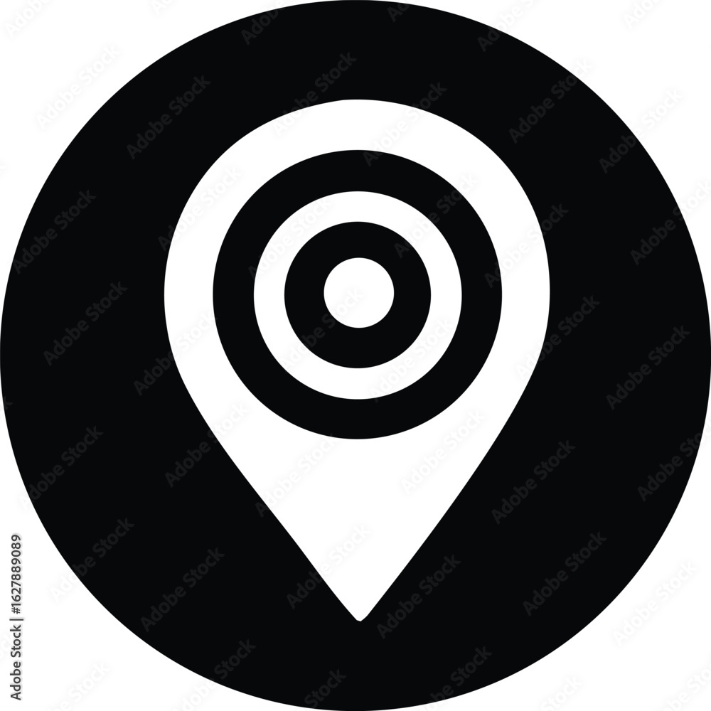 Aufkleber a stark black and white circular icon featuring a stylized location pin with concentric circles symb