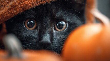 Adorable black cat peeking out from behind a cozy orange blanket with pumpkins