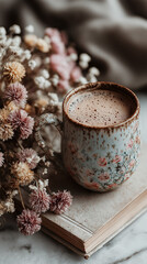 Rustic Ceramic Mug Filled With Hot Chocolate Surrounded By Dried Flowers On A Marble Surface: Creating A Warm And Cozy Autumnal Atmosphere
