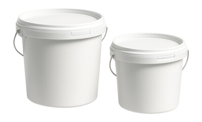 Two white plastic buckets with lids and metal handles in varying sizes on transparent background.
