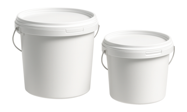 Two white plastic buckets with lids and metal handles in varying sizes on transparent background.
