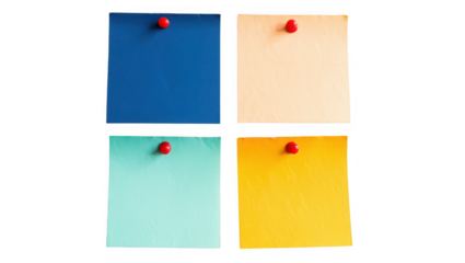 Four colorful sticky notes pinned to a surface isolated on transparent background