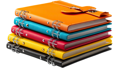 Vibrant Notebooks Stacked: A captivating arrangement of colorful notebooks stacked high, showcasing the beauty of design and organization