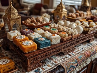 Fototapeta premium A beautifully arranged table with traditional Indian sweets and snacks adorned with tricolor decorations
